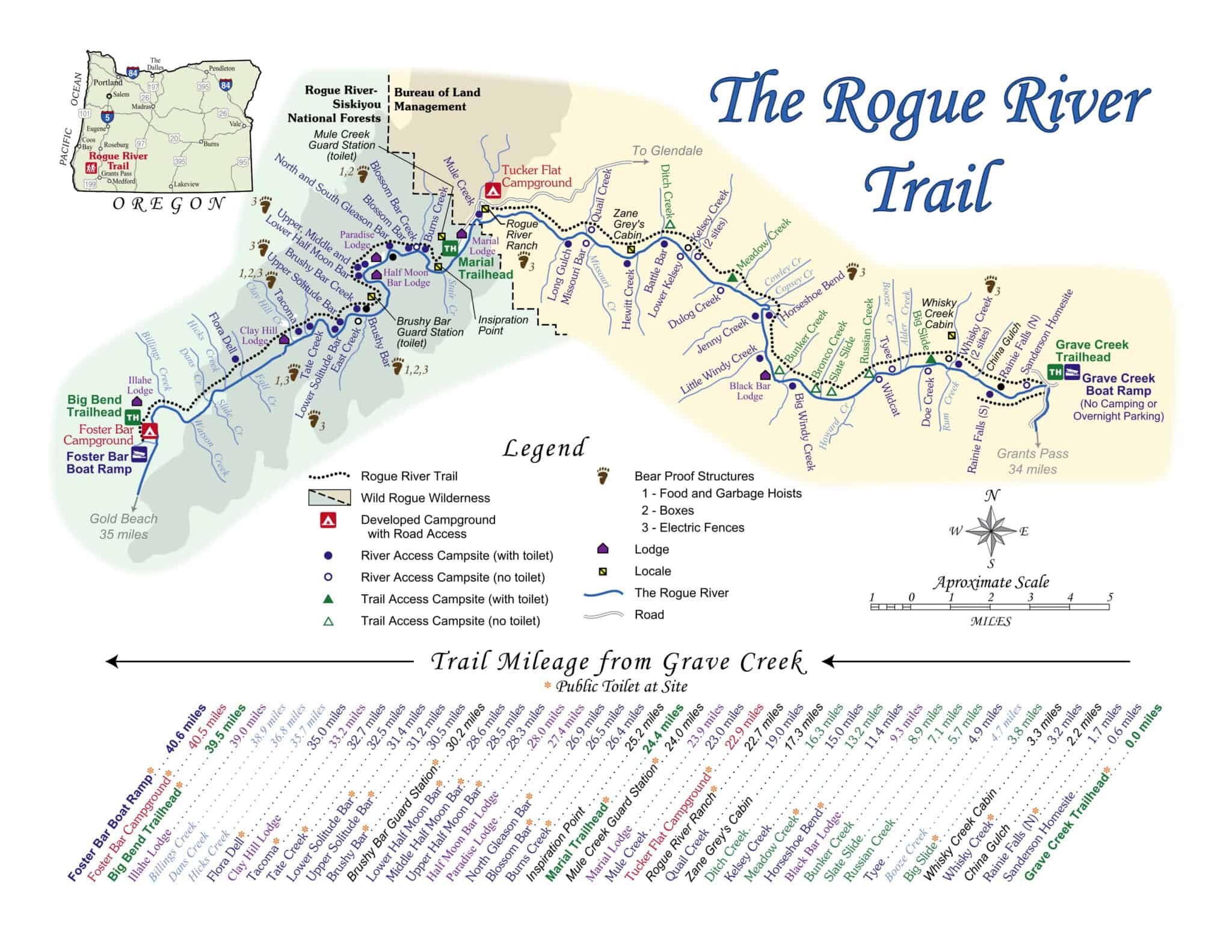 Detailed map of the Rogue River Trail from Grave Creek to Foster Bar